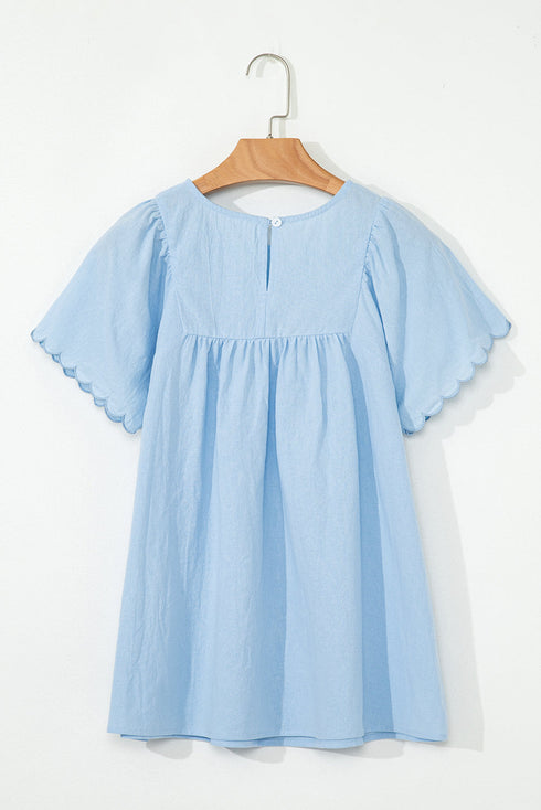 Gathered Yoke Scalloped Sleeve Textured Cotton Top