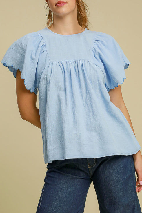 Gathered Yoke Scalloped Sleeve Textured Cotton Top