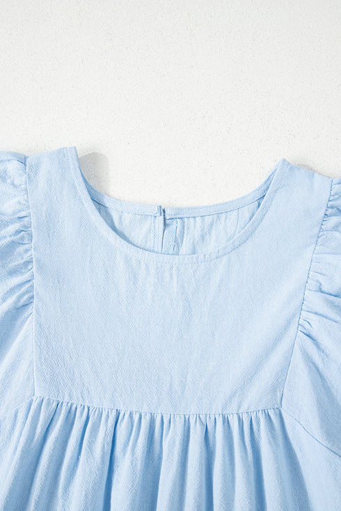 Gathered Yoke Scalloped Sleeve Textured Cotton Top