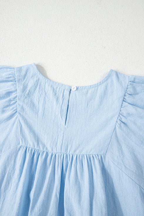 Gathered Yoke Scalloped Sleeve Textured Cotton Top