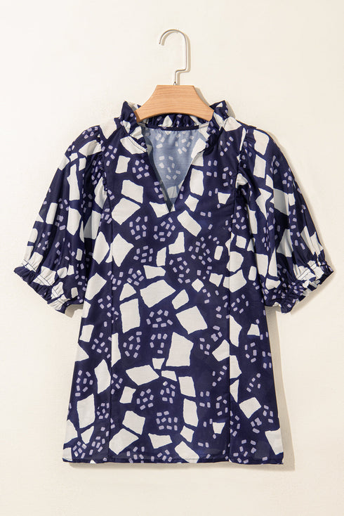 Geometric Abstract Print Puff Sleeve V Neck Sheer Blouse Top