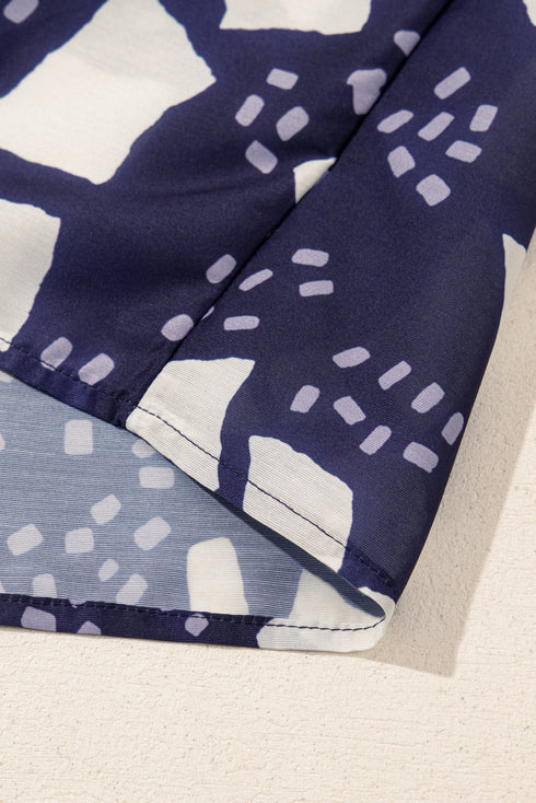 Geometric Abstract Print Puff Sleeve V Neck Sheer Blouse Top