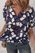 Geometric Abstract Print Puff Sleeve V Neck Sheer Blouse Top