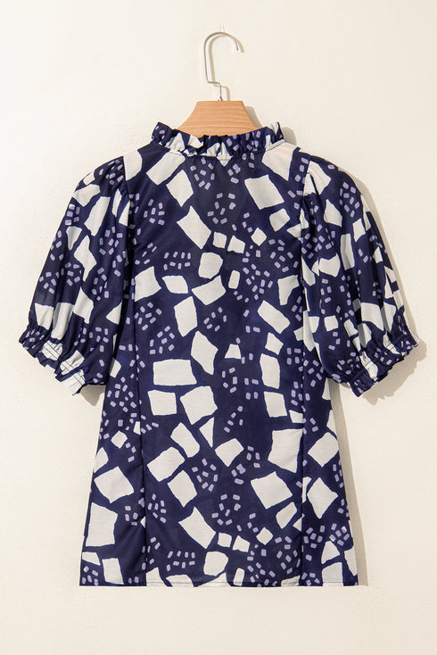 Geometric Abstract Print Puff Sleeve V Neck Sheer Blouse Top