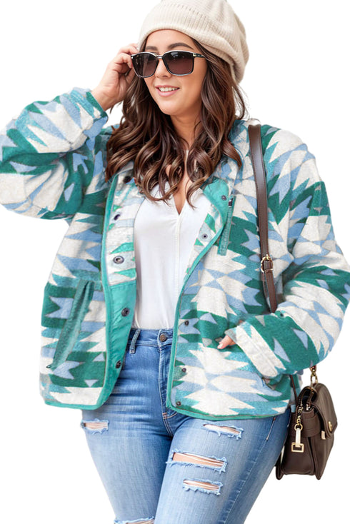 Geometric Aztec Pattern Plus Size Fleece Jacket