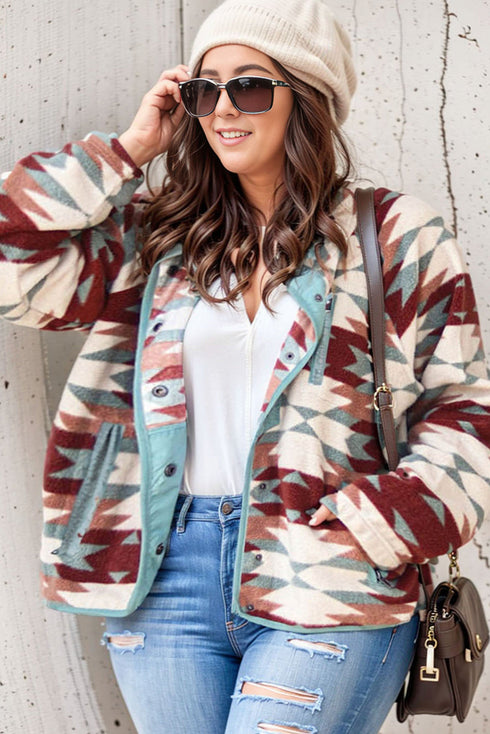 Geometric Aztec Pattern Plus Size Fleece Jacket