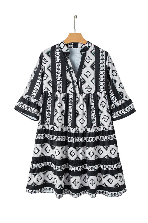 Geometric Aztec Print V Neck Ruffled Mini Dress