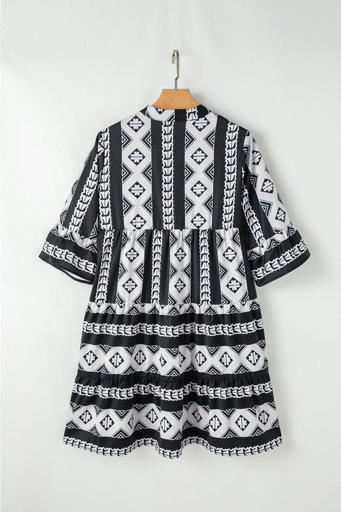 Geometric Aztec Print V Neck Ruffled Mini Dress