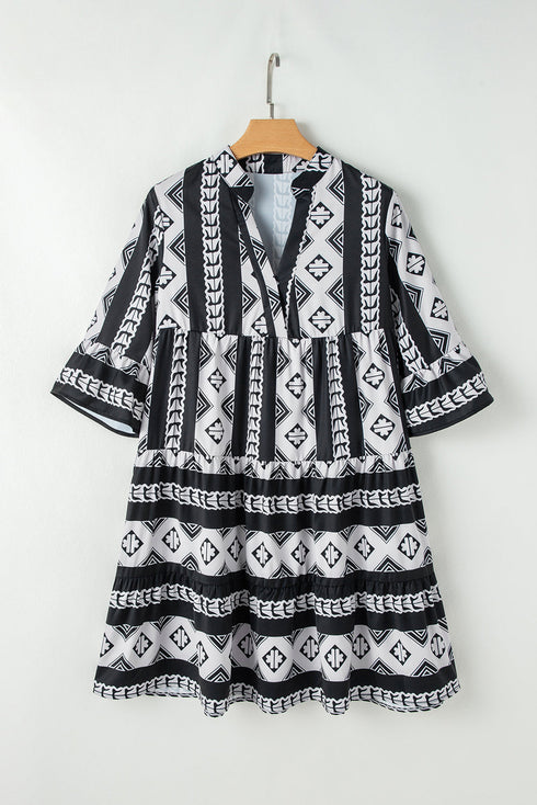 Geometric Aztec Print V Neck Ruffled Mini Dress