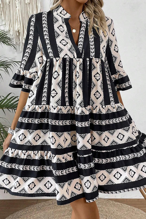 Geometric Aztec Print V Neck Ruffled Mini Dress