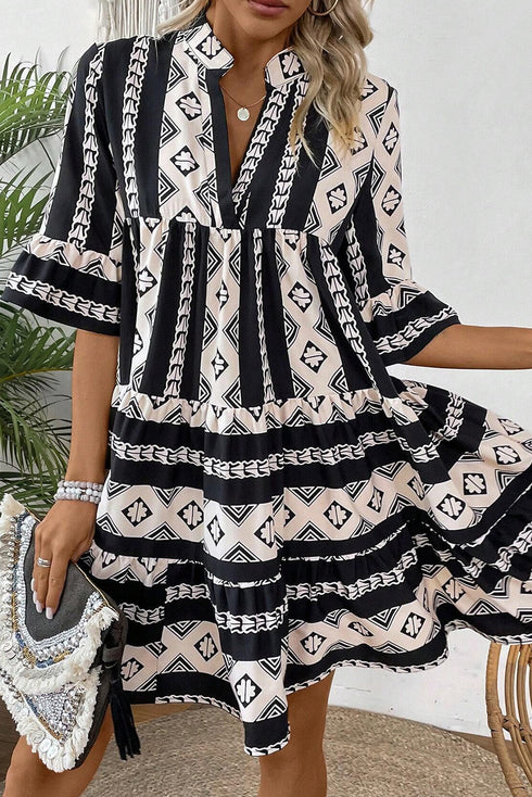 Geometric Aztec Print V Neck Ruffled Mini Dress