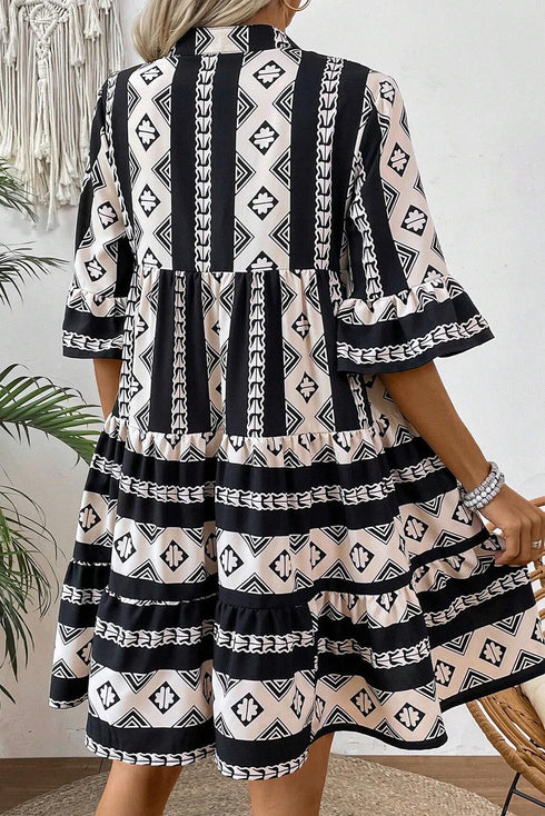 Geometric Aztec Print V Neck Ruffled Mini Dress