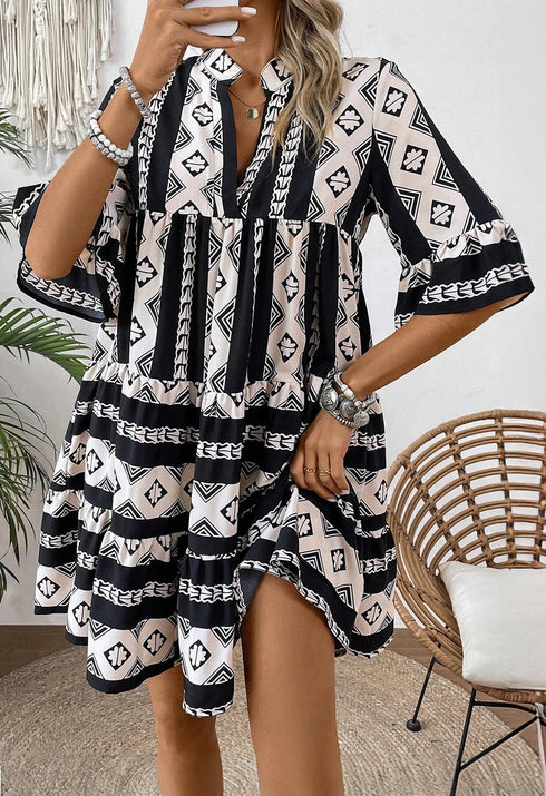 Geometric Aztec Print V Neck Ruffled Mini Dress