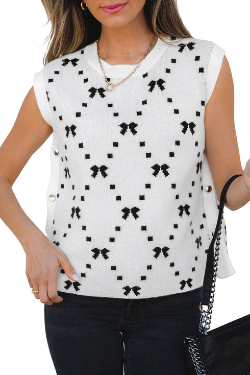 Geometric Bow Print Side Button Sweater Vest