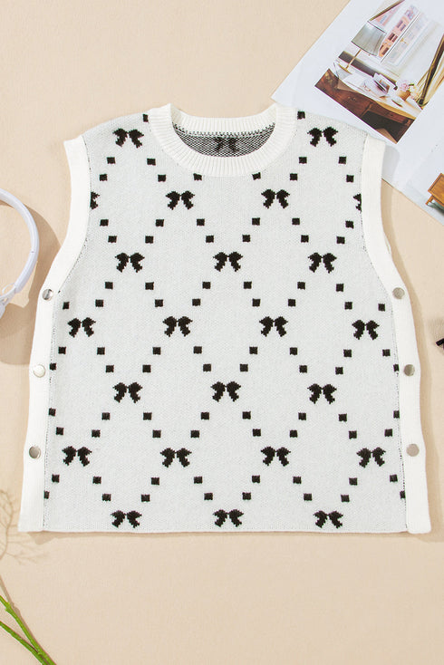Geometric Bow Print Side Button Sweater Vest