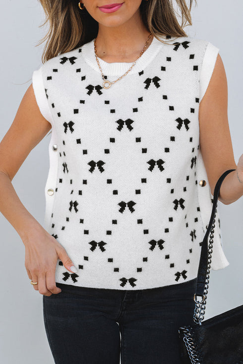 Geometric Bow Print Side Button Sweater Vest