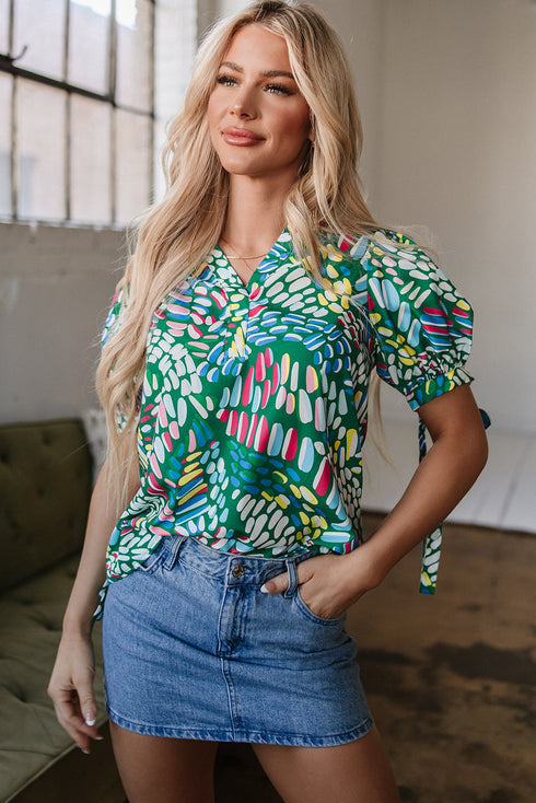 Geometric Brushwork Print Puff Sleeve Notched Neck Blouse