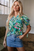 Geometric Brushwork Print Puff Sleeve Notched Neck Blouse