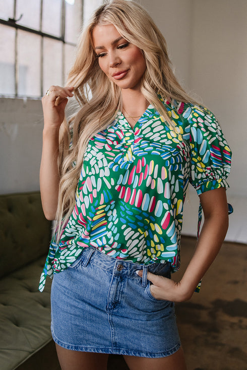 Geometric Brushwork Print Puff Sleeve Notched Neck Blouse