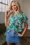 Geometric Brushwork Print Puff Sleeve Notched Neck Blouse