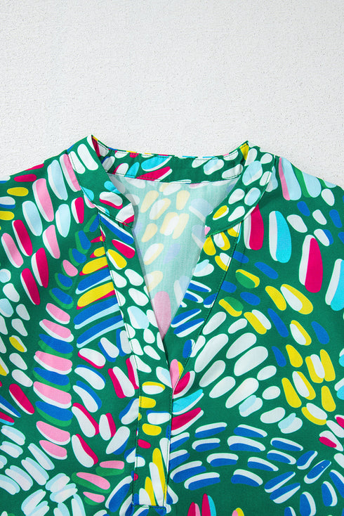 Geometric Brushwork Print Puff Sleeve Notched Neck Blouse
