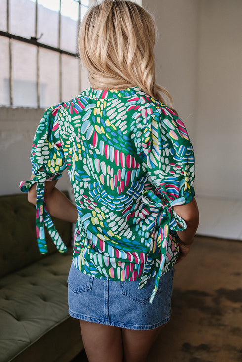 Geometric Brushwork Print Puff Sleeve Notched Neck Blouse