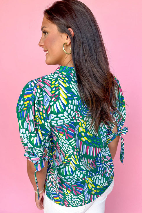 Geometric Brushwork Print Puff Sleeve Notched Neck Blouse