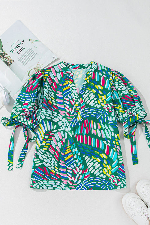 Geometric Brushwork Print Puff Sleeve Notched Neck Blouse