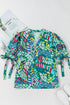 Geometric Brushwork Print Puff Sleeve Notched Neck Blouse