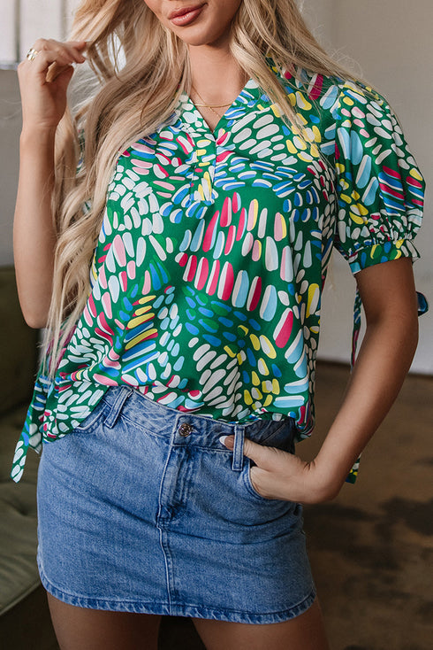 Geometric Brushwork Print Puff Sleeve Notched Neck Blouse
