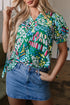 Geometric Brushwork Print Puff Sleeve Notched Neck Blouse