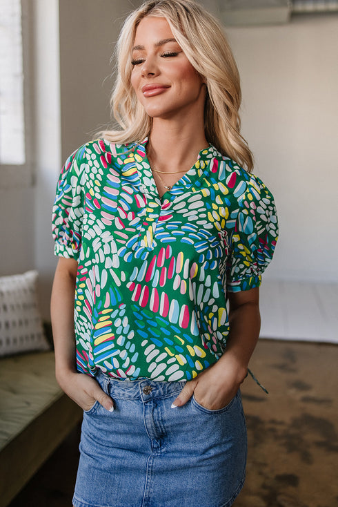 Geometric Brushwork Print Puff Sleeve Notched Neck Blouse