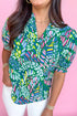 Geometric Brushwork Print Puff Sleeve Notched Neck Blouse