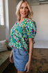 Geometric Brushwork Print Puff Sleeve Notched Neck Blouse