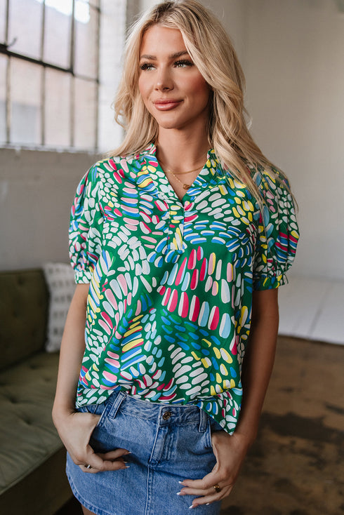 Geometric Brushwork Print Puff Sleeve Notched Neck Blouse