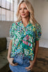 Geometric Brushwork Print Puff Sleeve Notched Neck Blouse