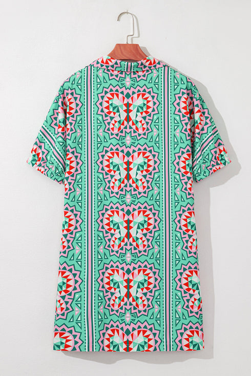 Geometric Butterfly Print Split Neck Short Sleeve Dress