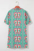 Geometric Butterfly Print Split Neck Short Sleeve Dress
