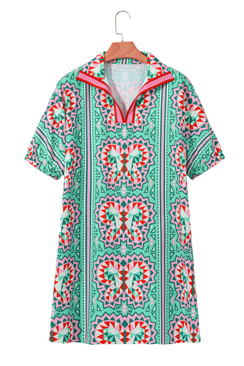 Geometric Butterfly Print Split Neck Short Sleeve Dress