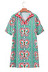 Geometric Butterfly Print Split Neck Short Sleeve Dress