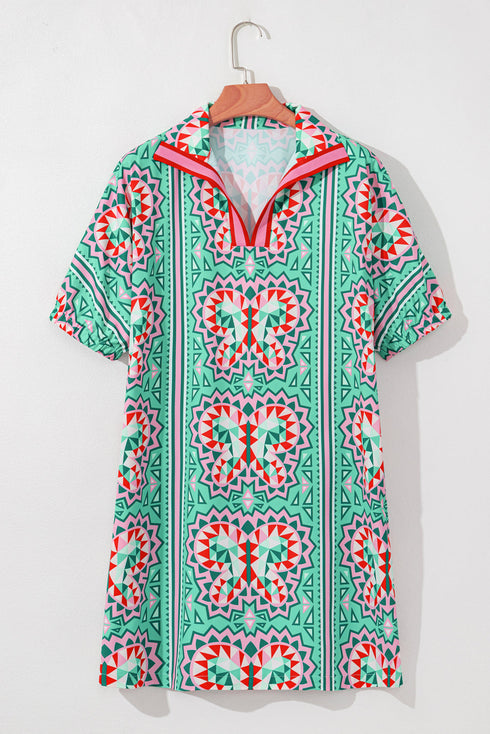 Geometric Butterfly Print Split Neck Short Sleeve Dress