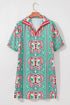 Geometric Butterfly Print Split Neck Short Sleeve Dress