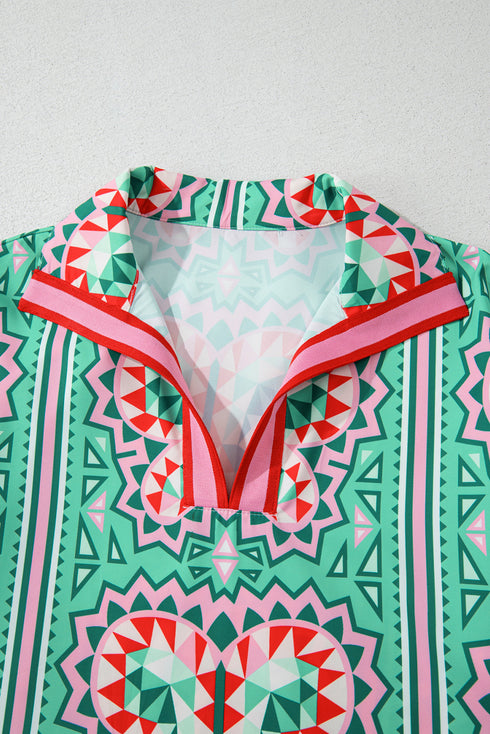 Geometric Butterfly Print Split Neck Short Sleeve Dress
