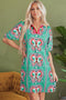 Geometric Butterfly Print Split Neck Short Sleeve Dress