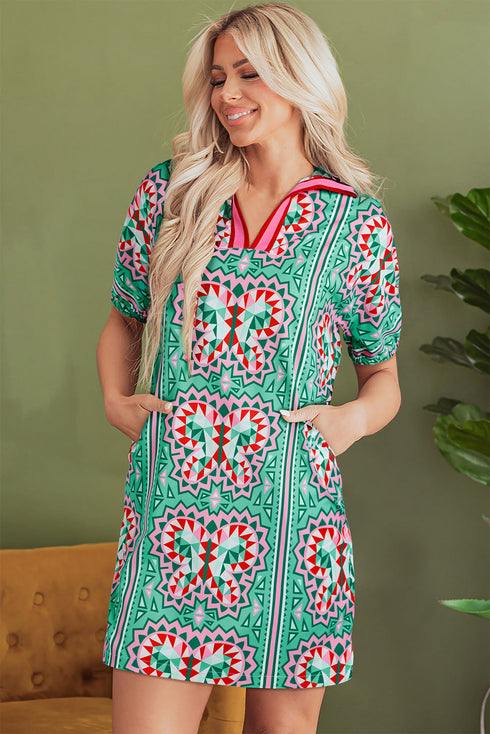 Geometric Butterfly Print Split Neck Short Sleeve Dress