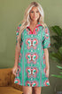 Geometric Butterfly Print Split Neck Short Sleeve Dress