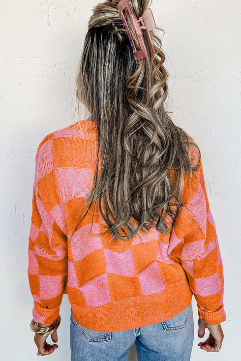 Geometric Check Pattern Button Front V Neck Cardigan