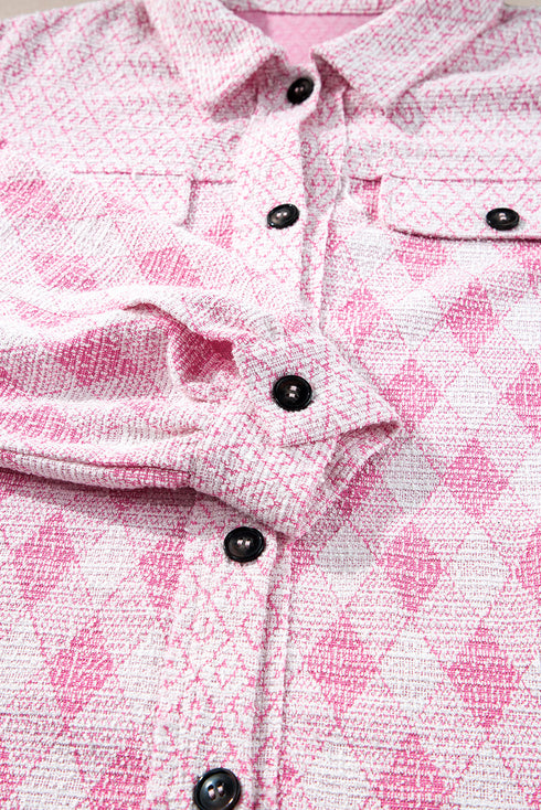 Geometric Checkered Print Textured Flap Pocket Jacket
