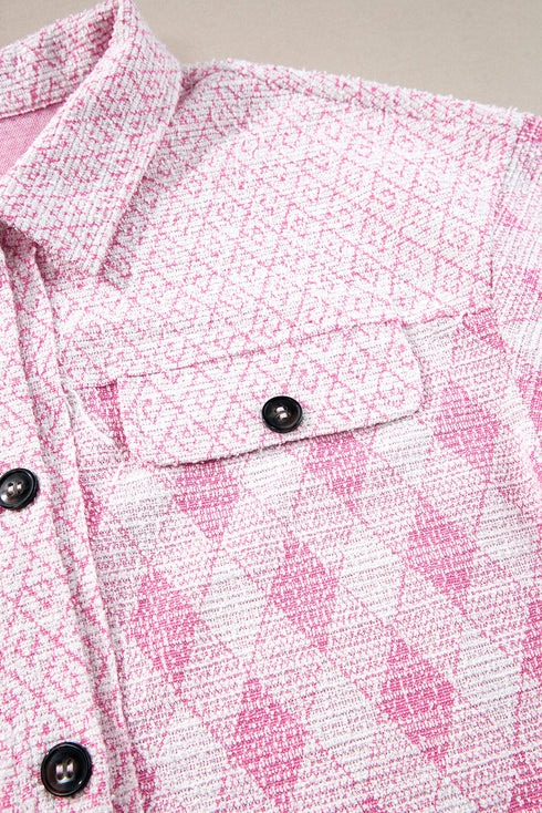 Geometric Checkered Print Textured Flap Pocket Jacket