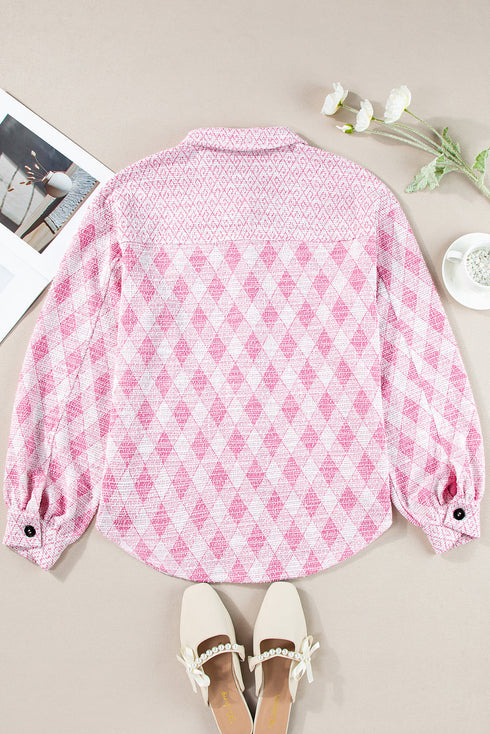 Geometric Checkered Print Textured Flap Pocket Jacket